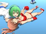  2girls bangs bare_shoulders beaten bikini boxing boxing_gloves breasts brown_hair cleavage defeated eyes_closed female green_hair large_breasts long_hair lying mound_of_venus multiple_girls navel on_back on_stomach open_mouth original ponytail red_bikini red_gloves shamanwer short_hair swimsuit thighs thong thong_bikini unconscious underwear white_background yellow_eyes 