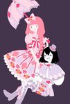  2girls adventure_time alternate_hair_lenght alternate_hairstyle argyle black_hair boots braid dress fangs flat_color hand_holding happy lolita_fashion looking_at_viewer marceline_abadeer mini_hat mizki_(pixiv3557983) multiple_girls pink_hair pinky_out princess princess_bonnibel_bubblegum purple_background red_eyes shawl short_hair shorts simple_background smile top_hat twin_braids umbrella vampire 