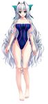 amasaka_takashi aqua_eyes ass_visible_through_thighs bare_shoulders barefoot bow breasts cleavage frills full_body hair_ornament highres large_breasts long_hair looking_at_viewer official_art one-piece_swimsuit open_mouth silver_hair smile solo strapless strapless_swimsuit swimsuit tiana_havel_netherlands transparent_background unionism_quartet very_long_hair 