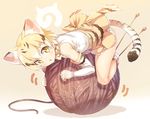  animal_ears bare_shoulders blonde_hair blush bow bowtie cat_ears commentary elbow_gloves gloves highres ichi_makoto japari_symbol kemono_friends looking_at_viewer open_mouth sand_cat_(kemono_friends) short_hair skirt sleeveless smile solo tail yarn yarn_ball yellow_eyes 