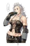  azasuke belt breasts cleavage corset dorohedoro eating food food_in_mouth full_mouth knife large_breasts leather leather_pants makizushi muscle muscular_female navel noi_(dorohedoro) pants sexually_suggestive solo sushi white_hair 