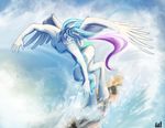  5_fingers anthro blue_eyes clothing equine eyelashes fan_character feathered_wings feathers hooves horn mammal my_little_pony outside rublegun smile solo standing surfboard swimsuit water white_feathers winged_unicorn wings 