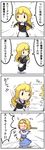  4koma :&lt; alice_margatroid apron baseball baseball_bat blonde_hair blush bow braid capelet closed_eyes closed_mouth comic hairband highres kirisame_marisa long_hair multiple_girls no_hat no_headwear open_mouth potaaju short_hair single_braid sweat throwing touhou translated v-shaped_eyebrows waist_apron xo 