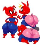  2019 anthro balls big_butt bulge butt clothing costume disembodied_hand hi_res into_the_spider-verse looking_back male mammal marvel mask pig pink_skin porcine simple_background solo spider-ham spider-ham_(character) sssonic2 surprise thick_thighs toony undressing white_background 