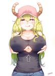  :q bare_shoulders baseball_cap blonde_hair blue_eyes blush breasts cleavage commentary covered_nipples deru06 directional_arrow dragon dragon_girl dragon_horns gradient_hair green_eyes green_hair hat heterochromia horns kobayashi-san_chi_no_maidragon large_breasts long_hair looking_at_viewer multicolored_hair paizuri_invitation quetzalcoatl_(maidragon) simple_background smile solo tank_top tongue tongue_out torn_clothes underboob_cutout white_background 