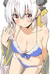  bare_shoulders bikini blue_bikini blue_bow body_blush bow breasts cleavage closed_mouth collarbone cowboy_shot dragon_horns fate/grand_order fate_(series) frilled_bikini frills grey_jacket hair_bow horns jacket kiyohime_(fate/grand_order) kiyohime_(swimsuit_lancer)_(fate) leaning_forward looking_at_viewer mamedenkyuu_(berun) medium_breasts navel open_clothes open_jacket ponytail red_eyes silver_hair simple_background sketch smile solo standing stomach swimsuit white_background yellow_bow 