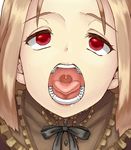  1girl black_bow brown_hair close-up face fleta frills implied_fellatio invisible_penis long_hair looking_at_viewer mabinogi maid man_(man-room) open_mouth oral_invitation pov red_eyes saliva sexually_suggestive skirt solo_focus teeth tongue tongue_out 