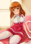  anna_miller artist_name ass_visible_through_thighs bangs bed bedroom blunt_bangs blush character_name day dress_shirt frilled_pillow frills girls_und_panzer haruhata_mutsuki heart heart_pillow indoors long_hair looking_at_viewer miniskirt name_tag orange_eyes orange_hair parted_lips pillow pink_skirt puffy_short_sleeves puffy_sleeves shirt short_sleeves signature sitting skirt solo suspender_skirt suspenders takebe_saori thighhighs twitter_username waitress white_legwear white_shirt yokozuwari 