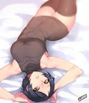  arched_back armpits artist_name bare_arms bare_shoulders black_dress black_hair black_legwear breasts cowboy_shot dress eyebrows_visible_through_hair hands_on_own_head hands_up hayami_kanade highres idolmaster idolmaster_cinderella_girls jjune large_breasts looking_at_viewer lying on_back on_bed open_hand palms parted_lips short_dress short_hair skindentation sleeveless sleeveless_dress solo strapless strapless_dress toned tube_dress turtleneck upside-down yellow_eyes 