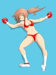  1girl beaten bikini boxing boxing_gloves breasts brown_hair cleavage defeated eyes_closed full_body long_hair lying navel on_back open_mouth original ponytail shamanwer solo swimsuit thong unconscious underwear white_background 