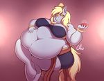  2017 absurd_res alcohol anthro anthrofied belly beverage big_belly blonde_hair clothing derpy_hooves_(mlp) equine female food friendship_is_magic hair half-closed_eyes hi_res holding_glass holding_object hooves horse mammal muffin my_little_pony navel nekocrispy obese overweight overweight_female pony sitting smile solo wine wine_glass yellow_eyes 