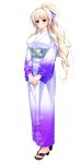  blonde_hair blue_eyes blush breasts earrings floral_print full_body highres japanese_clothes jewelry kimono large_breasts looking_at_viewer obi official_art ponytail sandals sash silveria_leodiehl smile solo standing transparent_background unionism_quartet wide_sleeves 