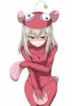  anglerfish_costume angry bangs blue_eyes blush bodysuit covering covering_breasts covering_crotch cowboy_shot embarrassed fish_costume girls_und_panzer grimace hat itsumi_erika long_hair looking_at_viewer pink_bodysuit pink_hat silver_hair simple_background solo standing tearing_up thorn_(ashthorn) white_background 