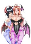  2girls ahoge animal_print antenna_hair areolae bare_shoulders bat_print black_hair blue_legwear breasts brown_hair cleavage cosplay eyeshadow female hands_on_another&#039;s_shoulders head_wings heart heart-shaped_pupils heart_cutout highres large_areolae large_breasts leotard lilith_aensland lilith_aensland_(cosplay) long_hair love_hina makeup medium_breasts mind_control morrigan_aensland morrigan_aensland_(cosplay) multiple_girls narusegawa_naru nipple_slip nipples otakumin pantyhose pink_eyes print_legwear puckered_lips purple_legwear pussy_juice red_eyes shiny_skin short_hair smile solo succubus sweat symbol-shaped_pupils urashima_kanako vampire_(game) wings 