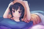  bed black_hair hood hoodie long_hair lying migumi_(niiya) niiya on_bed on_stomach original pillow purple_eyes smile solo under_covers 