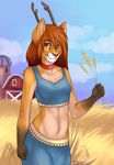  anthro barn canine clothed clothing collar felicia_cat female fur hair looking_at_viewer mammal outside smile solo standing 