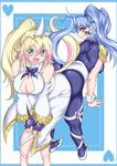  2girls ass ass-to-ass ass_press blonde_hair blue_hair blue_ribbon blush bodysuit breasts center_opening cleavage duel_monster epaulettes eyebrows fang geng green_eyes grin hair_ornament high_ponytail highres horn large_breasts leaning leaning_forward long_fingernails long_hair long_sleeves looking_at_viewer midriff multicolored_hair multiple_girls open_mouth performapal_corn performapal_uni pink_hair ponytail red_eyes ribbon sharp_fingernails shiny shiny_clothes shiny_hair shiny_skin single_horn sleeveless smile tail tied_hair twintails two-tone_hair wrist_cuffs yu-gi-oh! 