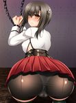  1girl annoyed artist_request ass bike_shorts blush bound_wrists breasts brown_eyes brown_hair cameltoe chains from_behind headband huge_ass kantai_collection large_breasts looking_at_viewer looking_back pantylines red_skirt shiny shiny_hair short_hair sideboob skirt solo taihou_(kantai_collection) 