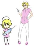  2boys black_eyes blonde_hair blue_eyes crossdressing gloves link looking_at_viewer multiple_boys nurse sealguy syringe the_legend_of_zelda toon_link wind_waker 