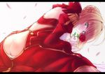  ass bare_back blonde_hair breasts butt_crack fate/extra fate_(series) flower green_eyes hair_bun medium_breasts nero_claudius_(fate) nero_claudius_(fate)_(all) rose short_hair solo yude 