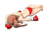  1girl ass beaten bikini boxing boxing_gloves breasts brown_hair defeated original ponytail shamanwer solo swimsuit thong unconscious underwear 