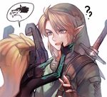  1girl ? blonde_hair earrings fangs fingerless_gloves gloves imp jewelry link link_(wolf) midna monster_girl mouth_pull open_mouth orange_hair pointy_ears protected_link scabbard sharp_teeth sheath solo_focus strap sword syn_(kuponutt) teeth the_legend_of_zelda the_legend_of_zelda:_twilight_princess upper_body weapon 