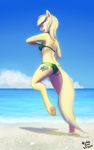  anthro bikini blue_eyes clothing cutie_mark detailed_background equine eyelashes fan_character hooves mammal my_little_pony open_mouth outside rublegun sand sky smile solo standing swimsuit teeth water wide_hips 