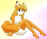  1girl animal_ears barefoot blonde_hair feet fox_ears fox_tail full_body furry green_eyes long_hair looking_at_viewer nude pisipisi sitting smile solo tail toes whiskers 
