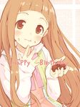  bangs blush brown_eyes brown_hair buttons chocolate commentary_request eating food food_on_face happy_birthday highres ichihara_nina idolmaster idolmaster_cinderella_girls long_hair long_sleeves looking_at_viewer sleeves_past_wrists smile solo teiryoku_lolita very_long_hair 