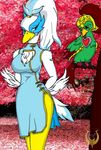  2017 anthro armor avian beak big_breasts bird black_eyes blue_eyes blue_feathers breasts brown_feathers claws clothed clothing detailed_background digital_media_(artwork) dress feathered_wings feathers female feral green_feathers hair helmet horypl lizotte_sieg male smile standing swan tree white_feathers white_hair wings 