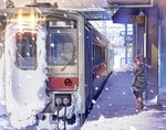  brown_hair daito earmuffs ground_vehicle original pantyhose short_hair snow snowing solo train train_station 