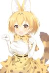  :3 :d animal_ears bare_shoulders blush bow bowtie breasts clenched_hands cowboy_shot cross-laced_clothes elbow_gloves extra_ears eyelashes fang gloves hair_between_eyes jpeg_artifacts kemono_friends large_breasts looking_at_viewer maccha open_mouth orange_eyes orange_hair paw_pose ribbon-trimmed_clothes ribbon-trimmed_skirt ribbon_trim serval_(kemono_friends) serval_ears serval_print serval_tail shirt short_hair simple_background skirt sleeveless sleeveless_shirt smile solo tail white_background white_shirt 