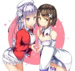  bangs bare_shoulders beret braid breasts brown_eyes brown_hair cleavage commentary_request cosplay crossover crown_braid dress emilia_(re:zero) emilia_(re:zero)_(cosplay) flower hair_flower hair_ornament hair_ribbon happy_birthday hat heart heart_hands heart_hands_duo katou_megumi katou_megumi_(cosplay) leaning_forward long_hair looking_at_viewer medium_breasts miniskirt multiple_girls orihi_chihiro pleated_skirt pointy_ears re:zero_kara_hajimeru_isekai_seikatsu ribbon saenai_heroine_no_sodatekata short_hair skirt smile thighhighs trait_connection white_dress white_hat wide_sleeves 