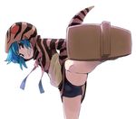  bike_shorts blue_hair bulge d@i genderswap genderswap_(ftm) geta highres hood hoodie kemono_friends kicking looking_at_viewer male_focus otoko_no_ko ribbon short_hair simple_background snake_tail solo tail tengu-geta tsuchinoko_(kemono_friends) white_background 