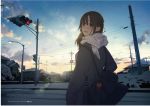  1girl bag bag_charm blue_sky blush breath brown_eyes brown_hair charm_(object) city cloud coat commentary_request hands_in_pockets highres house long_sleeves looking_at_viewer looking_back morifumi original outdoors power_lines scarf shoulder_bag sky snow solo standing telephone_pole traffic_light white_scarf winter 