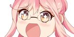  1girl close-up double_bun eyebrows_visible_through_hair glasses kantai_collection long_hair looking_at_viewer makigumo_(kantai_collection) nahaki no_nose open_mouth pink_hair simple_background solo sparkling_eyes symbol-shaped_pupils twintails white_background yellow_eyes 