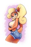  2017 anthro areola bandicoot big_breasts blonde_hair blush breasts butt clothed clothing coco_bandicoot crash_bandicoot_(series) digital_media_(artwork) female flower fur hair looking_at_viewer mammal marsupial overalls plant secretly_saucy simple_background smile solo video_games 