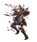  armor armored_boots blonde_hair book boots capelet fire_emblem fire_emblem_heroes fire_emblem_if full_body gloves highres hino_shinnosuke leon_(fire_emblem_if) male_focus official_art one_eye_closed red_eyes solo teeth torn_clothes transparent_background 