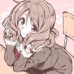  blush chair copyright_name desk eighth_note elbow_rest eyebrows_visible_through_hair hair_between_eyes hibike!_euphonium holding holding_hair leaning_forward looking_at_viewer multiple_monochrome musical_note neckerchief oumae_kumiko pink_background piromizu red_neckwear school_desk school_uniform short_hair simple_background skirt smile solo spot_color typo 