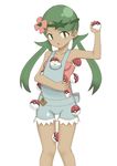  :o bare_arms bare_legs bare_shoulders between_legs breasts cleavage collarbone cowboy_shot dark_skin flower green_eyes green_hair hair_flower hair_ornament headband holding holding_poke_ball long_hair looking_away looking_to_the_side mao_(pokemon) no_bra overalls pink_shirt poke_ball poke_ball_(generic) pokemon pokemon_(game) pokemon_sm pouch shirt shorts simple_background small_breasts solo standing strapless suspenders toshishikisai trial_captain twintails undershirt v-shaped_eyebrows white_background 
