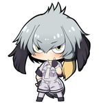  :/ bangs bird_tail black_gloves black_hair blush bodystocking chibi closed_mouth eyebrows_visible_through_hair eyelashes full_body gloves green_eyes grey_neckwear grey_shirt grey_shorts hand_on_own_face head_wings kemono_friends long_hair multicolored_hair necktie pantyhose shirt shoebill_(kemono_friends) short_hair shorts simple_background solo tail twumi v-shaped_eyebrows white_background 