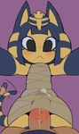  animal_crossing ankha anthro bandage blush bottomless captaineaglesmut clothed clothing cum cum_through_clothing egyptian feline female flat_chested human human_on_anthro interspecies mammal nintendo penis simple_background solo_focus tailwag vein veiny_penis video_games wrappings 