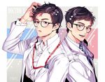  :q age_comparison artist_name black_hair brown_eyes commentary copyright_name doctor-x dual_persona glasses hara_mamoru heart labcoat licking_lips male_focus mtktc multiple_boys necktie purple_eyes smile tongue tongue_out upper_body 