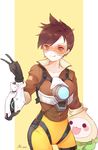  :q artist_name bodysuit bomber_jacket breasts brown_eyes brown_hair brown_jacket collarbone cowboy_shot ear_piercing gloves goggles harness jacket leather leather_jacket licking_lips looking_to_the_side misononeko orange_bodysuit overwatch pachimari pants piercing signature small_breasts smile solo spiked_hair striped striped_background stuffed_animal stuffed_octopus stuffed_toy tight tight_pants tongue tongue_out tracer_(overwatch) v vertical-striped_background vertical_stripes white_background yellow_background 
