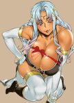  :p bare_shoulders blue_hair blush breasts brown_background cleavage daniella_(sennen_sensou_aigis) dark_skin elbow_gloves gloves hand_on_hip highres kneeling long_hair looking_at_viewer red_eyes sennen_sensou_aigis shigaoka simple_background solo tongue tongue_out valentine white_gloves 