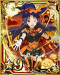  black_dress black_hair blue_hat card_(medium) dress garter_straps gloves halloween halloween_costume hat leg_up long_hair looking_at_viewer moon number official_art one_eye_closed open_mouth outstretched_arm pleated_dress pointy_ears pumpkin red_eyes short_sleeves solo star striped striped_legwear sword_art_online sword_art_online:_code_register thighhighs white_gloves witch_hat yuuki_(sao) 