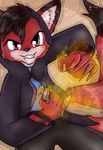  2017 5_fingers anthro black_fur black_nose canine claws clothed clothing digital_media_(artwork) e-01 fire fox fur hair knife looking_at_viewer magic mammal multicolored_fur orange_eyes red_fur simple_background smile solo standing tff white_fur 
