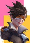  2016 artist_name bangs bodysuit bomber_jacket brown_eyes brown_hair brown_jacket c_home closed_mouth dated eyelashes fur_trim goggles harness jacket leather leather_jacket nose overwatch portrait short_hair smile solo spiked_hair strap teeth tracer_(overwatch) union_jack vambraces 