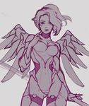  bodysuit breasts cowboy_shot daria_leonova hand_on_own_chest holding holding_staff looking_at_viewer mechanical_halo mechanical_wings medium_breasts mercy_(overwatch) monochrome overwatch parted_lips pelvic_curtain seductive_smile simple_background sketch smile solo staff unzipped white_background wings 