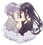  2boys ahoge black_hair closed_eyes flower hair_down hand_on_another's_face honebami_toushirou japanese_clothes male_focus multiple_boys namazuo_toushirou profile smile touken_ranbu white_hair 